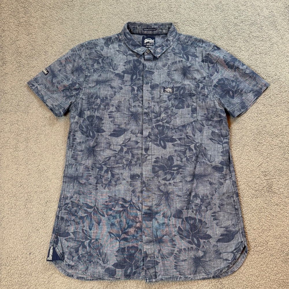 Superdry Vintage Ghost Button Down Shirt Mens Large Blue Floral Short Sleeve